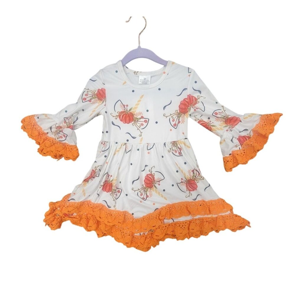 Pumpkin & Bow Print Toddler Dress With Orange Lace Trim 12-18 m